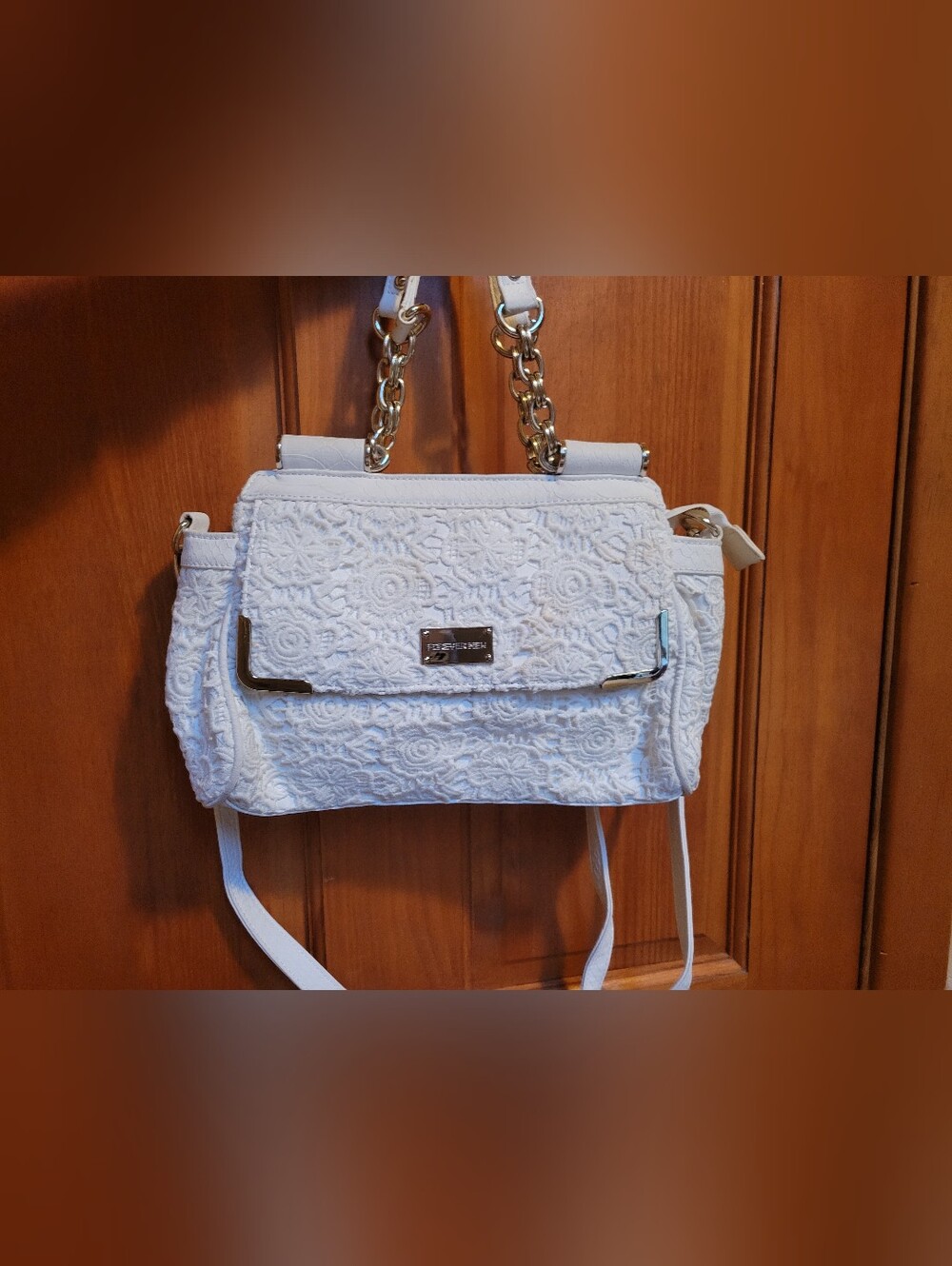 White Lace Satchel Handbag with Gold Chain Detail.